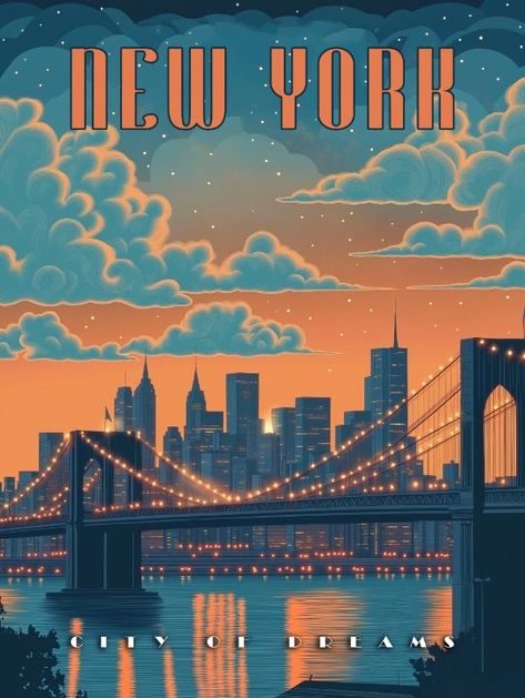 New York City - A Vintage Poster - Vintage Posters Vintage City Posters, Vintage Retro Aesthetic Posters, Classic Illustration, 50s Art, Dry Tortugas National Park, Italy Poster, New York Poster, Poster Aesthetic, Chicago City