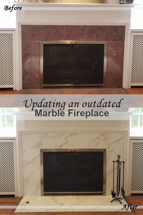 How we used a professional muralist to change the color of our marble fireplace without spending thousands to replace the marble. How To Update Marble Fireplace, How To Cover Marble On Fireplace, Fireplace Marble Makeover, Painting Over Marble Fireplace, Painting A Marble Fireplace, Tile Over Marble Fireplace Surround, Diy Marble Fireplace Makeover, Painting Granite Fireplace, Covering Marble Fireplace Surround