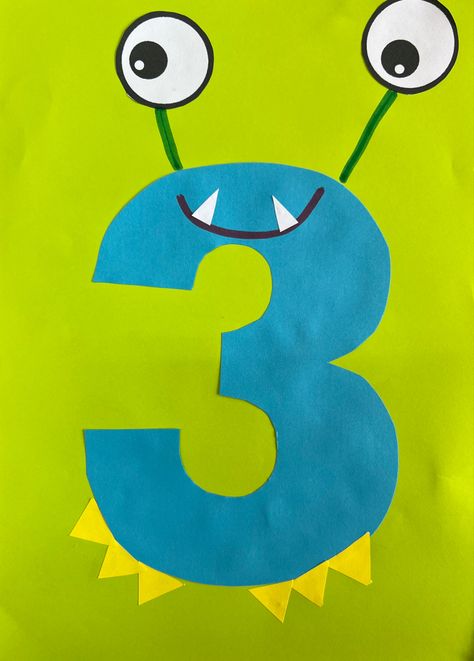 Number 3 Arts And Crafts Preschool, Number Three Activities Preschool, Number 13 Crafts Preschool, Number 3 Crafts For Toddlers, Number 3 Craft, Number 3, Monster Crafts, Number Art, Thanksgiving Crafts For Kids