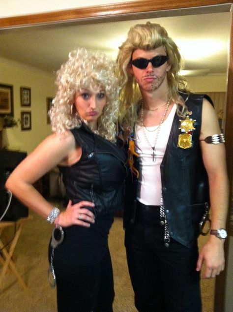 Dog the bounty hunter and Beth costume Dog The Bounty Hunter, Bounty Hunter, Halloween Costumes, Thanksgiving, Holidays, Festival, Halloween, Bedroom, Dogs