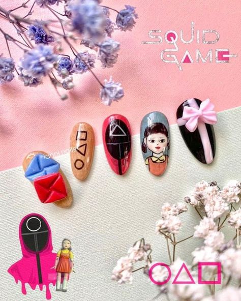 Game Nail Art, Ideas Uñas, Holloween Nails, Inspired Nails, Squid Game, Squid Games, Cool Stuff, Cute Nails, Press On Nails