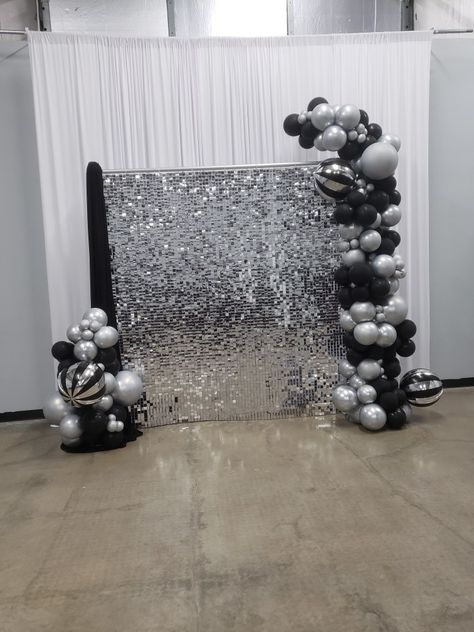 Silver and black photo backdrop Black And Silver Photo Backdrop, Black Photo Backdrop, Silver Shimmer Wall, Prom Backdrops, Shimmer Wall, Silver Party, Black Photo, Black Backdrops, Silver Anniversary