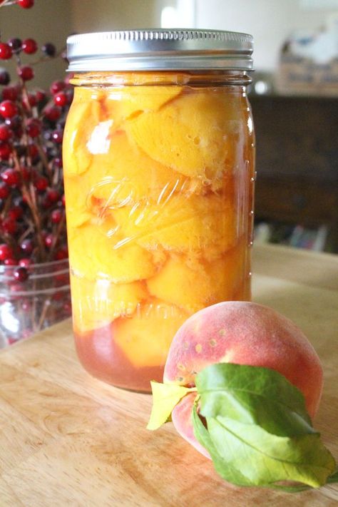 How to Can Peaches the EASY WAY! This recipe for canning peaches in light syrup the easy way, without a canner is the perfect summer canning recipe! You can learn how to make canned peaches in this step by step canning recipe for beginners! Bottled Peaches, Canning Peaches Recipes, Preserve Peaches, Canning Syrup, Can Peaches Recipes, How To Can Peaches, Can Peaches, Freezing Recipes, Canning Peaches