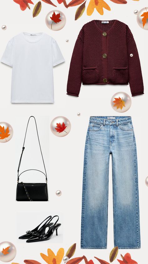 The outfit consists of straight-leg jeans, a plum wool cardigan, a basic white t-shirt, low-heeled shoes, and a black crossbody bag, all perfect for a stylish autumn look.

#AutumnOutfit#FallFashion#PlumCardigan#CasualChic#StreetStyle#CozyLayers#FashionInspiration#OOTD (Outfit of the Day)#JeansAndCardigan#FallStyle Autumn Look, Black Crossbody Bag, Black Crossbody, Autumn Outfit, Ootd Outfit, Black Cross Body Bag, Fall Looks, Wool Cardigan, Fall Outfit