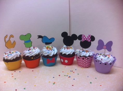 Mickey Mouse clubhouse cupcake decoration sets by TotHeads on Etsy Mickey Clubhouse Cupcakes, Mickey Mouse Clubhouse Cupcakes Ideas, Mickey Mouse Clubhouse Treats, Mickey Mouse Clubhouse Cupcakes, Mickey Mouse Clubhouse Decorations, Cupcake Decoration, Cupcakes Minnie Mouse, Fiesta Mickey Mouse, Mickey First Birthday