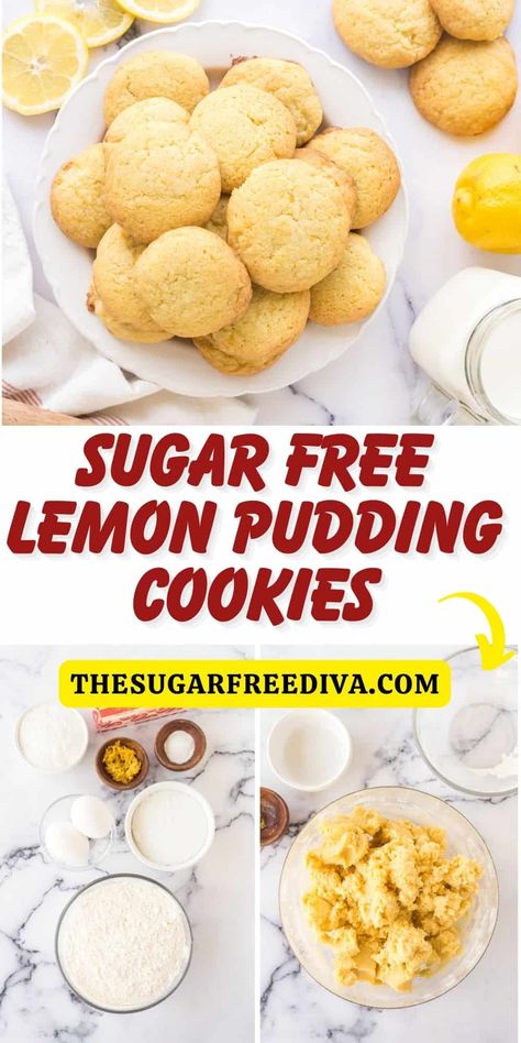 Lemon Pudding Cookies, Sugar Free Cookie Recipes, Sugar Free Desserts Easy, Lemon Cookies Easy, Sugar Free Brownies, Sugar Free Snacks, Lemon Cookies Recipes, Sugar Free Baking, Sugar Free Recipes Desserts