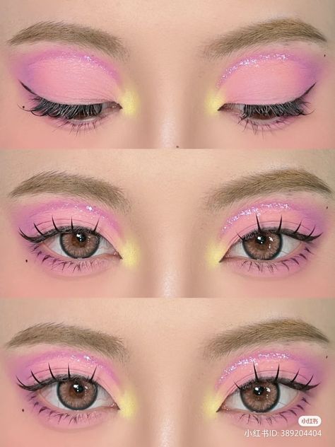 Three Color Eyeshadow Look, Princess Peach Eye Makeup, Magical Makeup Looks, Pastel Yellow Makeup, Rapunzel Inspired Makeup, My Melody Makeup Look, Kawaii Eye Makeup, Creative Makeup Looks Colorful, Piglet Makeup