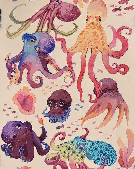 Octopus Art, Lukisan Cat Air, Arte Sketchbook, Dessin Adorable, Illustration Inspiration, Creature Art, Animal Illustration, Sea Creatures, Pretty Art