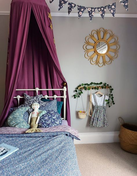 DAISY'S COSY BEDROOM WITH PURPLE AND BLUE FLORALS - Kids Interiors Dusty Purple Kids Room, Blue And Purple Girls Room, Blue And Purple Girls Bedroom, Dark Purple Girls Bedroom, Lavender And Dark Blue Bedroom, Kids Purple Bedroom, Purple Child Bedroom, Purple Bedroom Canopy, Penelope Bedroom