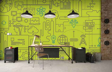 Tech Support mural by Level Digital Wallcoverings. Custom colored commercial murals. Healthcare, hospitality, corporate, and retail spaces. Wall Design Office, Employee Wall, Wall Mural Office, 21st Century Classroom Design, Office Graphics, School Graphics, Office Space Decor, Doodle Wall, Office Mural