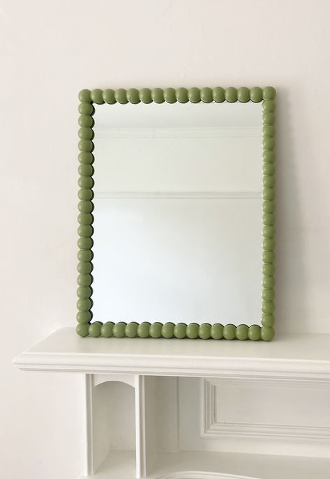 Bobbin mirror. Made in England exclusively for DOWSE in these custom colours & size. With its bold and bulbous style, the Bobbin ( or Spool style Custom Mirrors Diy, Mirror Upcycle, Upcycle Mirror, Mirror Frame Diy, Mirror Painting, Square Mirror, Pistachio Green, Pop Bottles, Diy Mirror