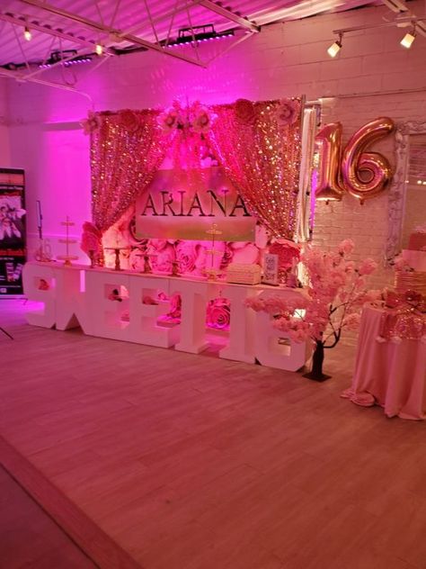 Small Birthday Venue Ideas, Sweet 16 Room Decorations, Sweet 16 Party Ideas Black People, Huge Sweet 16 Party, Pink Out Sweet 16, Epic Sweet 16 Party Ideas, Sweet 16 Party Ideas Venues, Barbie Theme Quinceanera, Pink White And Silver Sweet 16 Decorations