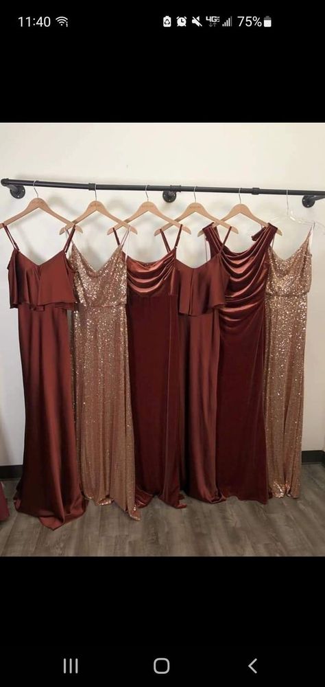 Fall Wedding Cinnamon Color, Bronze And Burgundy Wedding, Rose Gold Burgundy And Brown Wedding, Terracotta And Cream Bridesmaid Dresses, Dark Rust Bridesmaid Dress, Maroon And Copper Wedding, Maroon Mismatched Bridesmaid Dresses, Deep Fall Wedding Colors, Rust Brown Bridesmaid Dress