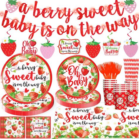 Strawberry Themed Baby Shower Ideas, Strawberry Shortcake Baby Shower Ideas, Strawberry Shortcake Baby Shower Theme, Strawberry Tablecloth, Strawberry Baby Shower Theme, Berry Sweet Baby Shower Theme, Berry Ideas, Sweet Baby Shower Ideas, Girl Shower Themes