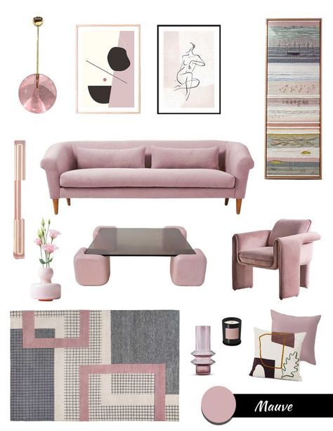 decorating with purple, mauve color trend, moodboard lilac, mauve furniture and decor Mauve Office Decor, Lilac Home Decor, Mauve Furniture, Warm Minimalist Living Room, Decorating With Purple, Trend Moodboard, Minimalist Style Home, Rock Wallpaper, Bedroom Stuff