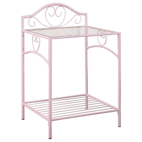 Pretty in pink, this gracefully designed nightstand adds an element of delicate class to a child’s or teen’s bedroom. Enjoy a romantic silhouette combining linear and curved elements with tender, ornate accents. Steel construction offers durability in a nightstand with a powder pink finish. A clear tempered glass top gleams to offer an elegant embellishment. A slower slatted shelf doubles storage options to make this nightstand a contender. Pink Nightstands, Romantic Frame, Shelf Nightstand, Metal Nightstand, Romantic Silhouette, Oak Nightstand, Nightstand Storage, Preppy Room, Bed Wall