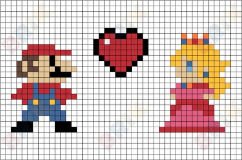 Mario and Princess Pixel Art Pixel Princess Peach, Princess Peach Pixel Art Grid, Pixel Art Pattern Princess, Princess Peach Pixel Art, Couple Pixel Art, Princess Pixel Art, Wood Block Pixel Art, Pixel Embroidery, Super Mario Pixel Art