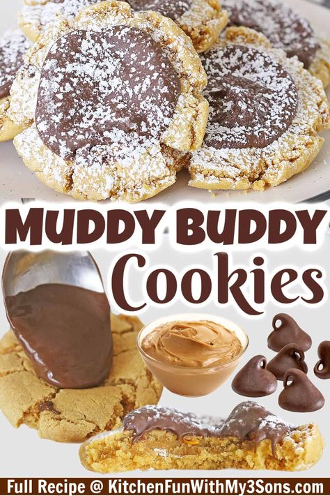 These Muddy Buddy Cookies are the perfect blend of peanut butter and chocolate goodness! With a chewy peanut butter base and a rich melted chocolate topping, they’re an irresistible treat your family will love. Perfect for parties, snack time, or a sweet indulgence anytime! Christmas Peanut Butter Cookies, Muddy Buddy Cookies, Soft Chewy Peanut Butter Cookies, Peanut Butter Muddy Buddies, Unique Christmas Cookies, Healthy Peanut Butter Cookies, Muddy Buddy, Soft Peanut Butter Cookies, Chewy Peanut Butter Cookies