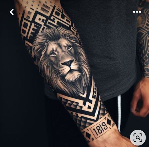 Lion Leg Tattoo, Lion Arm Tattoo, Lion Hand Tattoo, Hals Tattoo Mann, Arm Tattoos For Guys Forearm, Tattoo Hombre, Lion Forearm Tattoos, Geometric Lion Tattoo, Lion Art Tattoo