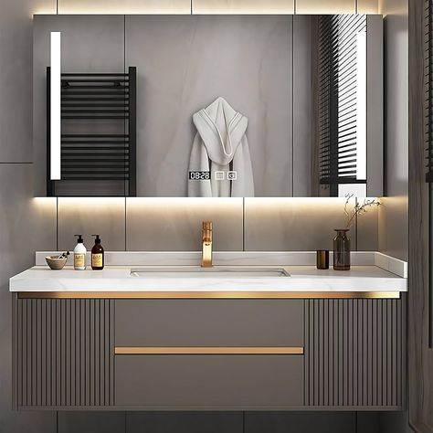 Amazon.com: ZGNBSD Bathroom Vanity with Sink - Floating Bathroom Vanity Contains LED Smart Mirror Cabinet, Solid Wood Bathroom Vanity, Wall-Mounted Installation, Optimized Storage Space (44") : Tools & Home Improvement Solid Wood Bathroom Vanity, Floating Bathroom Vanities, Bathroom Vanity Designs, Bathroom Vanity With Sink, Vanity With Sink, Wood Bathroom Vanity, Smart Mirror, Floating Bathroom Vanity, Water Mist