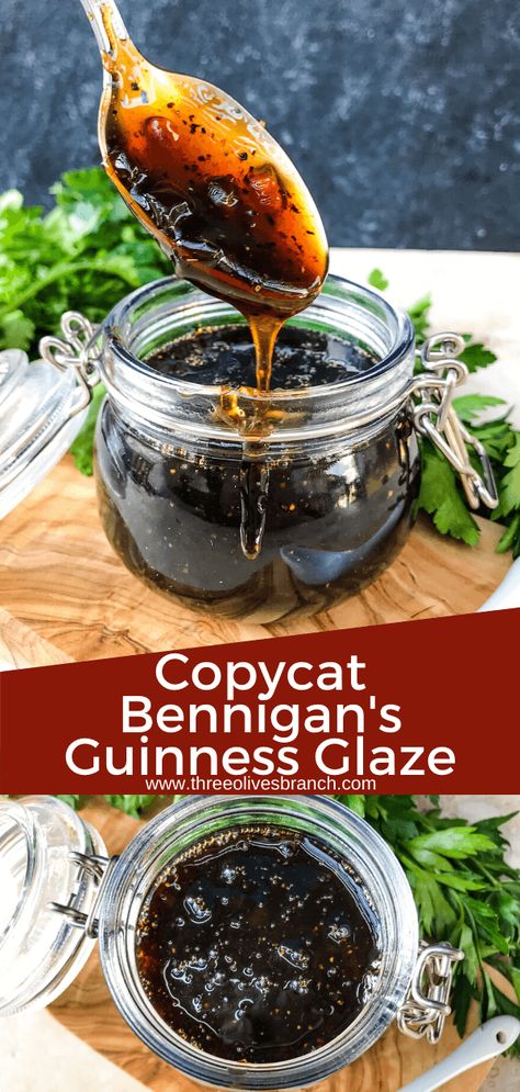 Copycat Bennigan's Guinness Glaze is a great sauce recipe inspired by the restaurant for grilling, BBQ, or St Patrick's Day. The Irish stout glaze is a thickened beer sauce that works on just about everything like chicken, steak, beef, and pork. #Guinness #Irishrecipes #StPatricksDay Beef Glaze Sauce, Beer Sauce Recipes, Steak Glaze, Glaze Sauce, Guinness Chicken, Bennigans Recipes, Guiness Gravy Recipe, Recipes Using Guinness Beer, Guinness Sauce