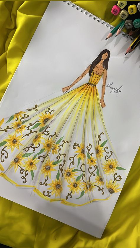 Sunflower Dress Drawing, Sunflower Lehenga, Symmetrical Pictures, Designing Sketches, Dress Illustration Art, Easy Mandala, Easy Mandala Drawing, Painted Clothing, Long Gown Design