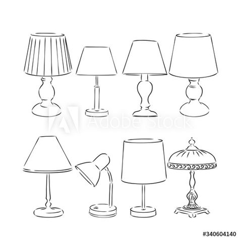 Stock Image: Set of sketched table lamps with lampshades. Vector illustration. Set of isolated black contoured objects on white background. table lamp vector sketch illustration Lamp Doodle Drawings, Lamp Sketch Drawings, Lamp Reference Drawing, How To Draw A Lamp, Lamp Illustration Drawing, Lamp Art Draw, Table Sketch Design, Lampshade Drawing, Lamp Design Drawing