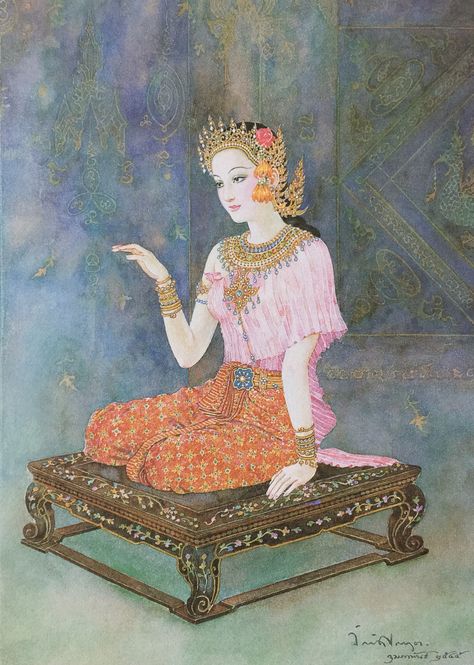 "Nang Kwak (Lady Luck)", 2002, watercolor on paper, by a Thai national artist Chakrabhand Posayakrit Chakrabhand Posayakrit, Nang Kwak, Culture Of Thailand, Buddhist Tattoo, Cambodian Art, Southeast Asian Arts, Lady Luck, Thai Art, Buddha Art