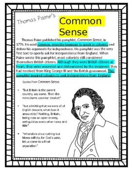 Thomas Paine Common Sense, Common Sense Thomas Paine, Common Sense Questions, Peer Editing, Senses Activities, Free Textbooks, Book Outline, Challenges Activities, Thomas Paine