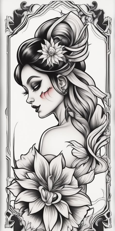 This image showcases a small, black and white Neo-Traditional tattoo design for women. Set against a blank canvas, the design stands out due to its intricate detailing, embodying a unique blend of traditional and contemporary tattoo artistry. Small Black Work Tattoo, Neo Traditional Tattoo Design Sketches, Tattoo Coloring Pages For Adults, Mini Tattoos For Women, Tiktok Drawings, Tattoo Coloring Pages, Tattoo Design Sketches, Neo Traditional Tattoo Design, Contemporary Tattoo