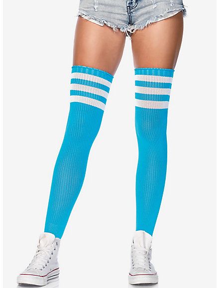 Athletic 3 Stripe Thigh Highs Neon Blue, Thigh High Tube Socks, Striped Thigh High Socks, Cable Knit Socks, Striped Shoes, Leg Avenue, Corsets And Bustiers, Thigh High Socks, Thigh High Stockings, Tube Socks