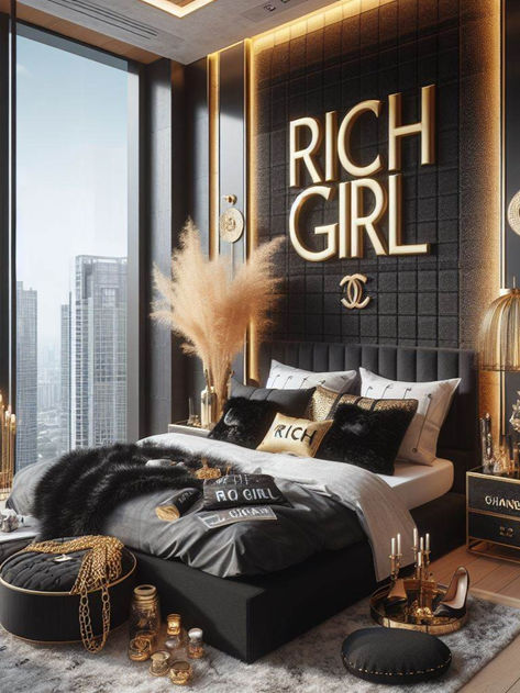 Curated by @richgirlcode Rich Girl Room, Classy Bedroom Ideas For Women, Grey And Gold Bedroom, Bedroom Decor Ideas For Women, Black Living Room Decor, Black Bedroom Decor, Luxury Room Bedroom, Classy Bedroom, Girl Room Decor