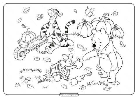 Brighten up this scene with colors fit for autumn. #disney #printable #winnie #pooh #friends #fall #coloring #drawing #painting #pages #book #sheets Winnie The Pooh And Tigger, Fall Coloring Sheets, Free Thanksgiving Coloring Pages, Disney Thanksgiving, Pooh And Tigger, Fall Coloring, Thanksgiving Color, Thanksgiving Coloring Pages, Fall Coloring Pages