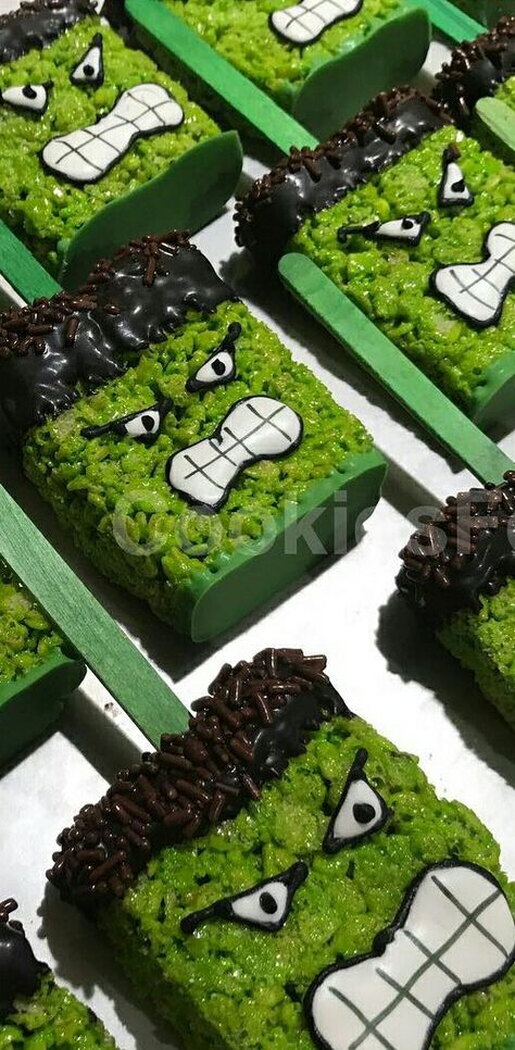 Hulk Rice Crispy Treats, Hulk Birthday Treats, Hulk Rice Krispie Treats, Hulk Snacks, Hulk Desserts, Hulk Party Food, Hulk Cake Pops, Hulk Treats, Hulk Cookies