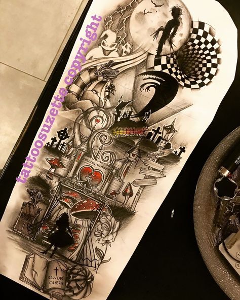 Tim Burton Sleeve Tattoo, Tim Burton Sleeve, Tim Burton Tattoo, Alice And Wonderland Tattoos, Tato Henna, Wonderland Tattoo, Disney Tattoo, Geniale Tattoos, Halloween Tattoo