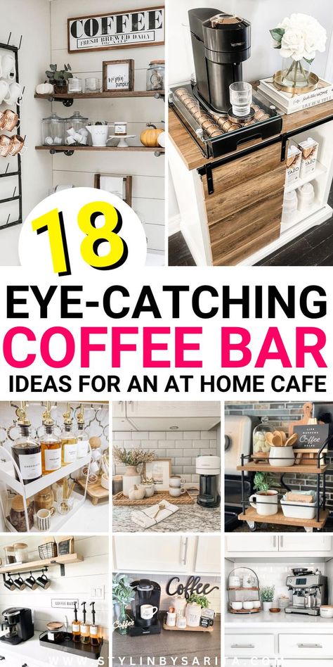 coffee bar decor ideas Office Desk Coffee Bar, Drinking Station Home, Kitchen Coffee And Tea Station, Coffee Bar For Apartment, How To Display Coffee Syrups, Modern Office Coffee Station Ideas, Home Bar Decoration Ideas, Items For Coffee Bar, Organizing Coffee Station