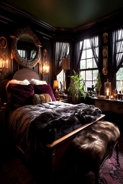 Opulent dark bedroom with vintage mirrors, drapes, and plush bedding, epitomizing Dark Cozy Bedroom Ideas for a Romantic Ambiance. Witchy Bedroom Ideas, Dark Cozy Bedroom, Academia Bedroom, Goth Bedroom, Gothic Bedroom, Dark Home Decor, Dark Home, Dreamy Room, Decorating Inspiration