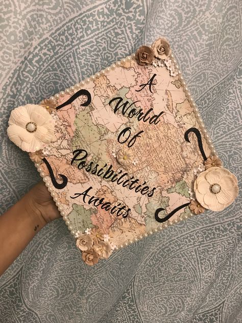 A World Of Possibilities Awaits Grad Cap, History Graduation Cap Ideas, Graduation Cap Designs History, Bookish Graduation Cap, Travel Graduation Cap, History Graduation Cap, Graduation Cap Designs Aesthetic, Quotes For Graduation Caps, Graduation Cap Designs College