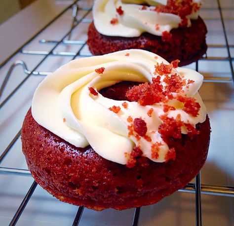 Cake Donuts Baked, Red Velvet Donuts, Donut Pictures, Red Velvet Desserts, Cake Donuts Recipe, Red Velvet Recipes, Cake Donut, Baked Donut Recipes, Red Cake