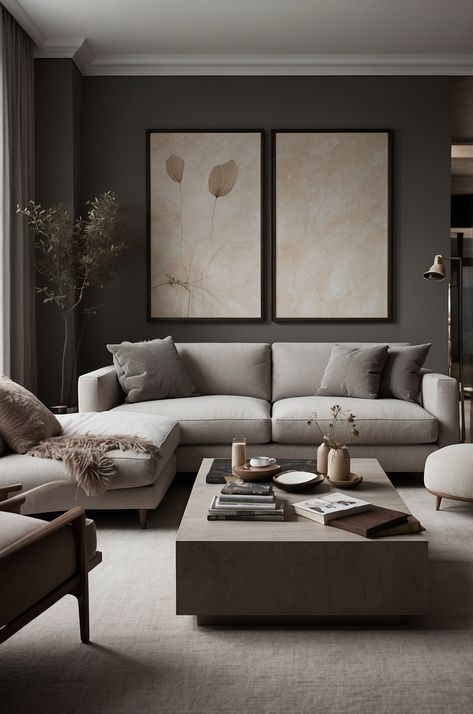 25 Moody Neutral Living Room Ideas » Comfy Ideas Dark Whiskey Room, Modern Organic Wall Colors, Moody Beige Living Room, Neutral Living Room Dark Floor, Neutral Living Room Aesthetic, Grey Tone Living Room, Moody Minimalist Living Room, Moody Neutral Living Room, Living Room Ideas Neutral