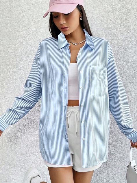 Pink Striped Shirt Outfit, Clothing Apps, Outfits Con Camisa, Pink Striped Shirt, Style Bleu, Drop Shoulder Shirt, Shirt Outfits, Rose Bonbon, Elegant Dresses Long