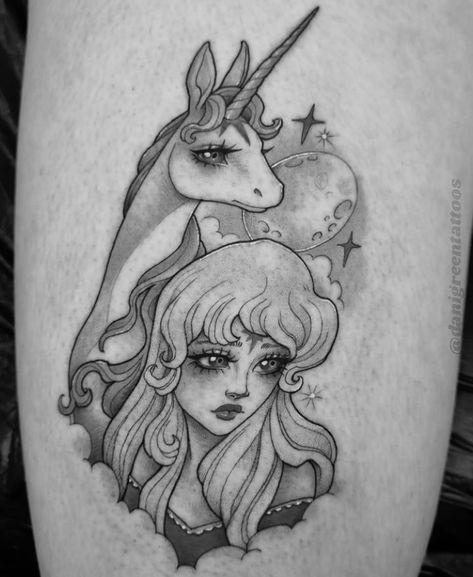 The Last Unicorn Tattoo Ideas, The Last Unicorn Tattoo, Last Unicorn Tattoo, Bratz Tattoo, My Little Pony Tattoo, Unicorn Tattoo, Tattoo Appointment, Unicorn Artwork, Jewel Tattoo