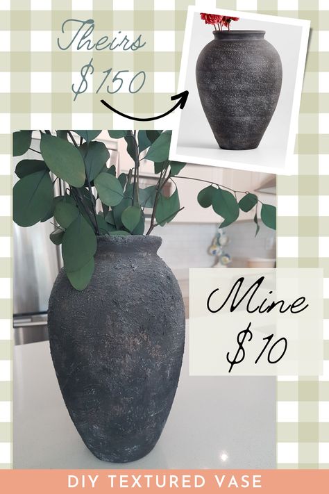 Create this old-world textured pottery using a thrifted vase for just $10. This project couldn't be easier and only requires paint, baking soda, and salt. Easily give an old vase a beautiful makeover! Check out my tutorial here. #diyvasemakeover #diyoldworldpottery #diytexturedvase #easyvasepainting #diyagedvase Redoing Glass Vases, Refinish Ceramic Vase, How To Texture Paint A Vase, Baking Soda Pottery, Painting Vases With Baking Soda, Old World Pottery Diy, Paint Vases With Baking Soda, Diy Stone Vase Baking Soda, Diy Old World Pottery