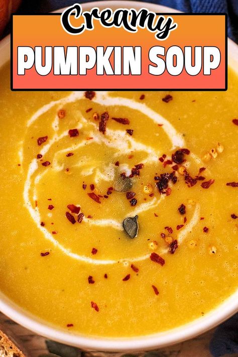 Pumpkin soup with a text overlay title. Pumkin Soup, Easy Pumpkin Soup, Creamy Pumpkin Soup Recipe, Fresh Pumpkin Recipes, Healthy Pumpkin Recipes, Soup Quick, Pumpkin Overnight Oats, Creamy Pumpkin Soup, Fall Fun Food