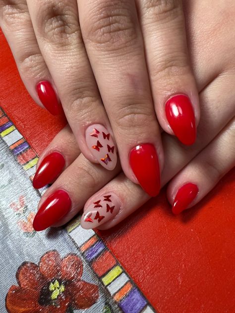 Red Nails With Butterfly, Red Nails With Butterflies, Red Butterfly Nails, Butterflies Nails Acrylics, Nails With Butterflies, Moms Nails, Short Red Nails, Red Stiletto Nails, Red Nail Art Designs