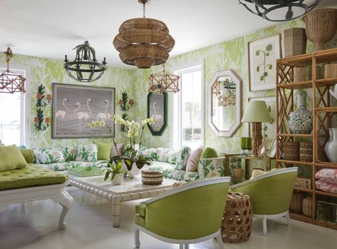 Meg Braff Designs Palm Beach Shop Green Wallpaper Sectional Kemble Interiors, Flower Magazine, Vintage Wallpaper Patterns, Celerie Kemble, Green Shutters, Green Living Room, Apartment Makeover, Tropical Punch, Unique Chandeliers