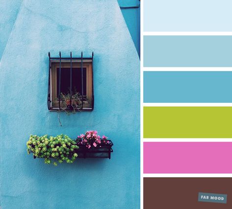 From Top : #d6ecf6  | #a4d0dd  | #67b7cf  | #b5c534  |  #e56ebb  |  #613f3a Unusual color palette of blue hue + bright green + bright pink and brown – Find beautiful and inspiring color palettes , grey color combination for your home decor or wedding color theme,winter color combinations,id... Wedding Colour Palettes, Teal Color Schemes, Mood Wedding, Brown Photo, Color Schemes Design, Teal Bedroom, Orange Color Palettes, Brown Color Schemes, Gold Color Palettes