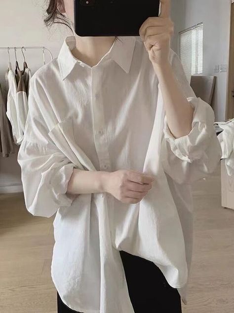 Nylon satin fabric and small size RRRRR Loose White Button Up, Puffy Button Up Shirt, Loose Button Up, Loose Collared Shirt, White Button Up Shirt Outfit, White Collared Shirt Outfit, White Aesthetic Outfit, Collared Shirt Outfit, White Button Down Shirt Outfit