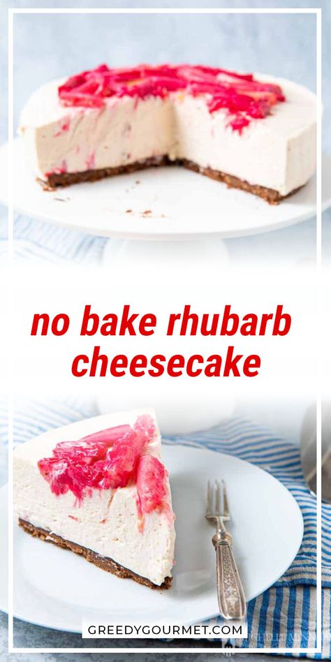 This no bake rhubarb cheesecake will satisfy your cravings. Perfect for vegetarians, this delicious dessert recipe composed of ginger biscuit base, creamy orange scented filling, topped with roasted rhubarb batons, is super easy to make. It gives a fresh, sweet, and tangy taste of summer. Indulge in this yummy and healthy dessert with your family. #rhubarb #cheesecake #nobakedrecipes #cheesecakerecipes #dessertrecipes #easyrecipes #vegetarianrecipes  #healthyrecipes No Bake Rhubarb Cheesecake, Cold Sweets, Rhubarb Cheesecake, No Bake Cheesecakes, Roasted Rhubarb, Rhubarb Desserts, Cheesecake Toppings, Chilled Desserts, Ginger Biscuits