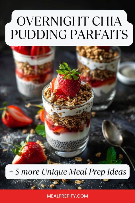 Three overnight chia pudding parfaits topped with strawberries and granola for meal prep ideas for busy professionals. Meal Prep Parfait, Parfait Meal Prep, Simple Meal Prep Ideas, Simple Meal Prep, Overnight Chia Pudding, Overnight Chia, Pudding Parfait, Mediterranean Quinoa Salad, Pan Chicken Fajitas